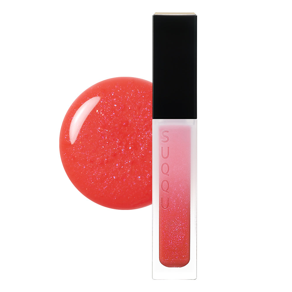 SUQQU 2026 Pre-Summer Collection Treatment Wrapping Lip 110 sheer colour lip gloss lipstick in glitter fruity red shine open with colourful glittery texture swatch.
