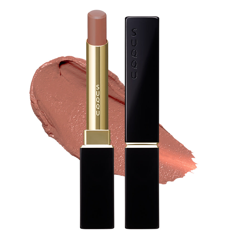 SUQQU 2026 Pre-Summer Collection fashionable thin Velvet Fit Lipstick 107 in beautiful rose coral colour, open and with case and colourful texture swatch.