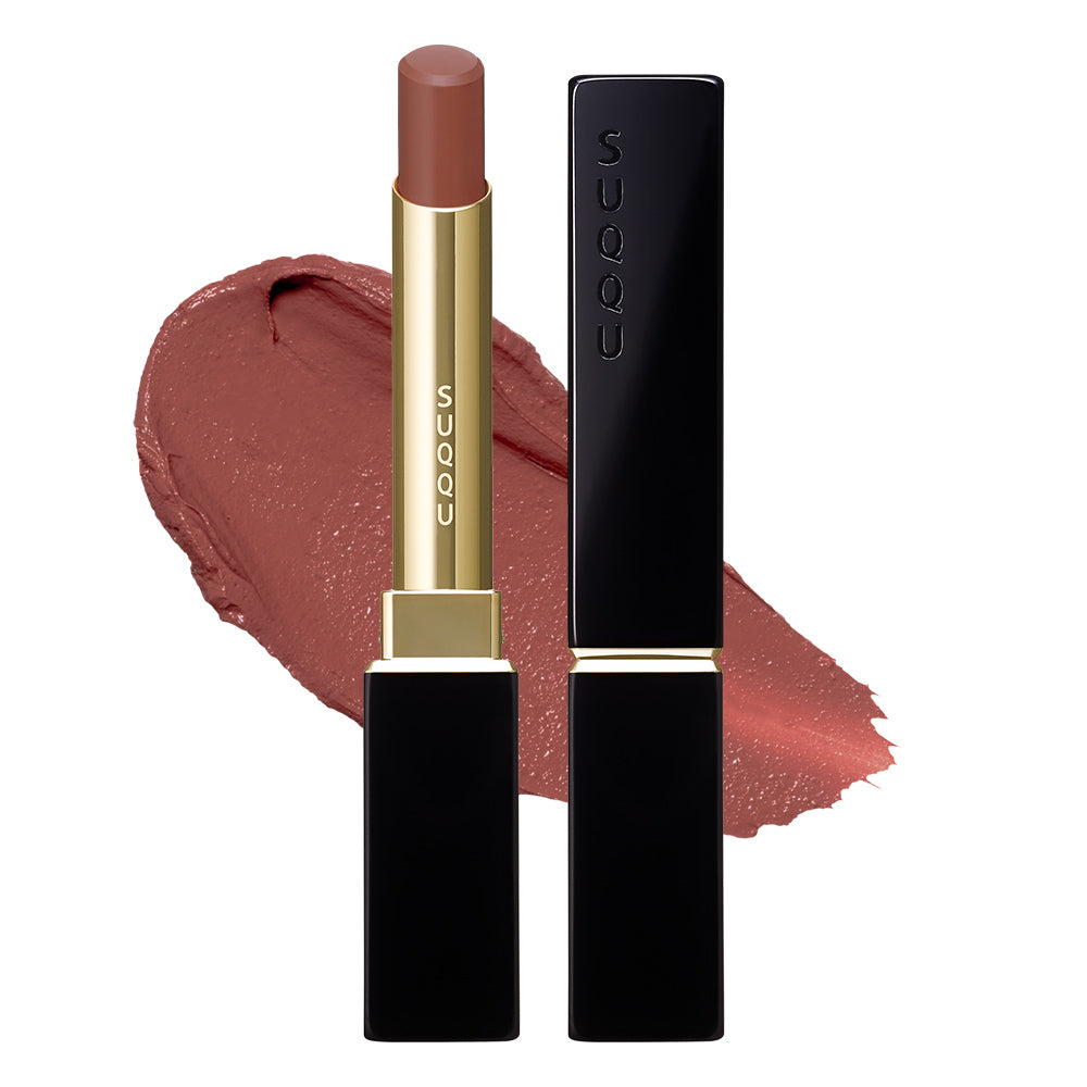SUQQU 2026 Pre-Summer Collection fashionable thin Velvet Fit Lipstick 108 in classic smoky rose colour, open and with case and colourful texture swatch.