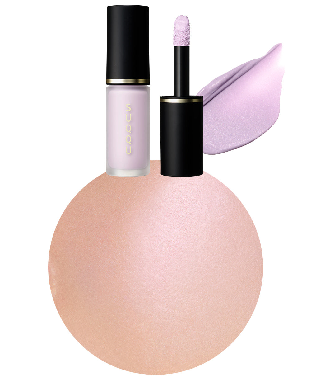 SUQQU Spring Collection 2026 Complexion Face Color 01 makeup tube shown with lid on and lid off with applicator wand. Displayed next to texture swatch and close up of product applied to models cheek.