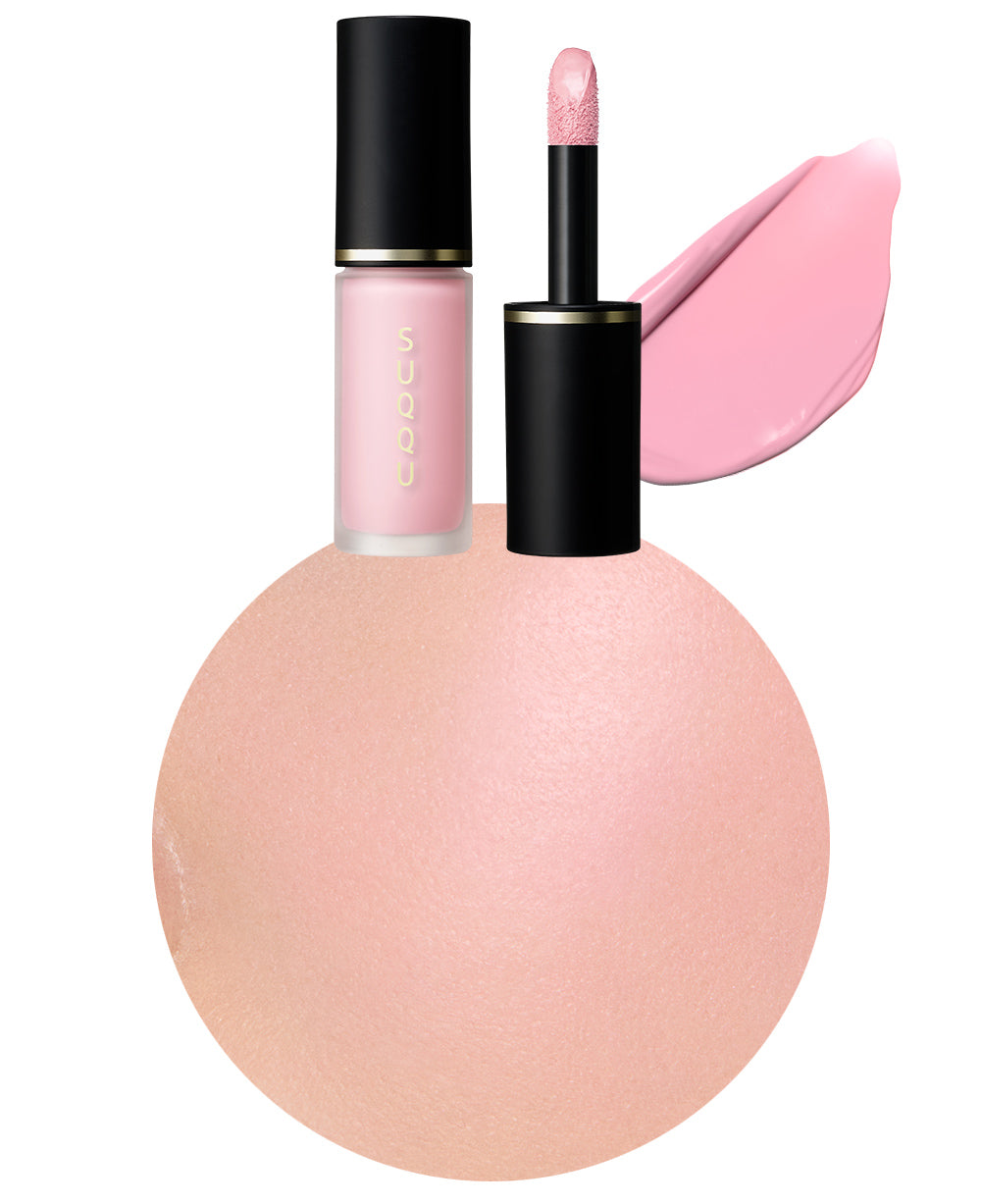 SUQQU Spring Collection 2026 Complexion Face Color 02 makeup tube shown with lid on and lid off with applicator wand. Displayed next to texture swatch and close up of product applied to models cheek.