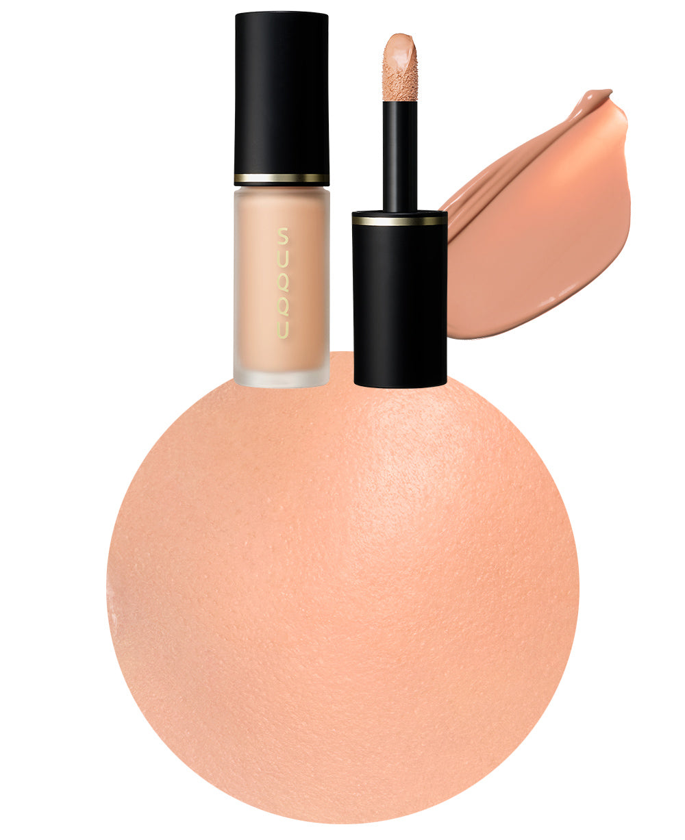 SUQQU Spring Collection 2026 Complexion Face Color 04 makeup tube shown with lid on and lid off with applicator wand. Displayed next to texture swatch and close up of product applied to models cheek.