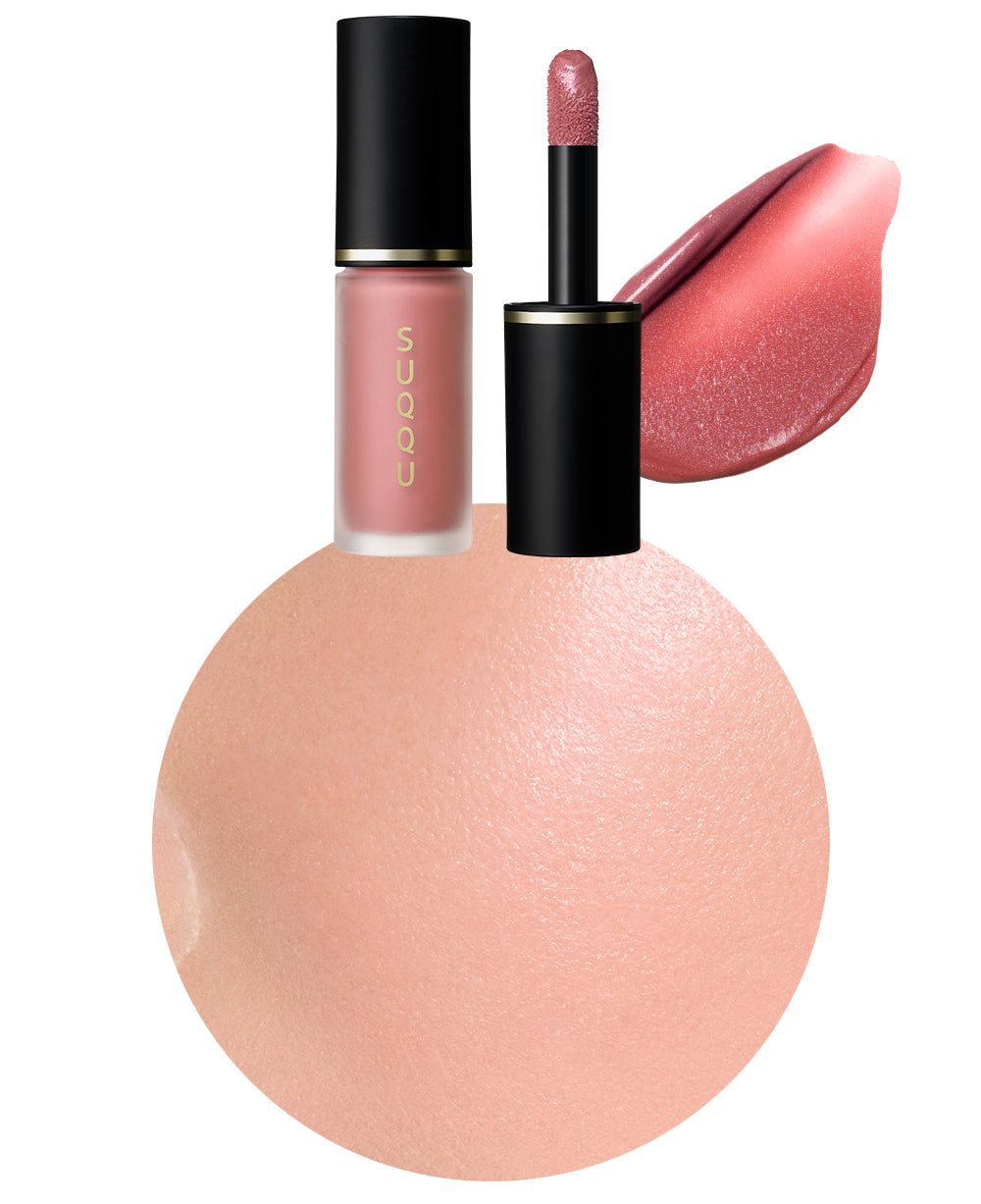 SUQQU Spring Collection 2026 Complexion Face Color 05 makeup tube shown with lid on and lid off with applicator wand. Displayed next to texture swatch and close up of product applied to models cheek.