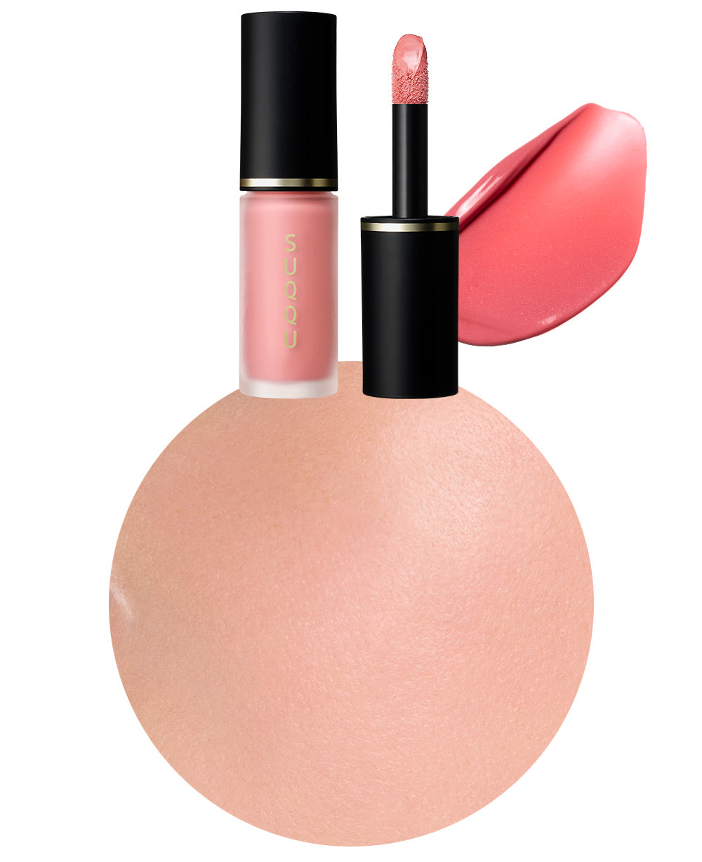 SUQQU Spring Collection 2026 Complexion Face Color 101 makeup tube shown with lid on and lid off with applicator wand. Displayed next to texture swatch and close up of product applied to models cheek.