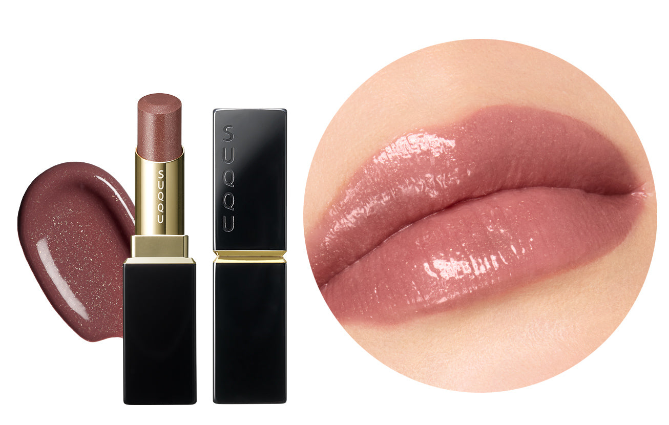 SUQQU Spring Collection 2026 Moisture Glaze Lipstick 111 makeup brown pink lipstick shown with lid on and lid off. Displayed next to texture swatch and close up of product applied to models lips.