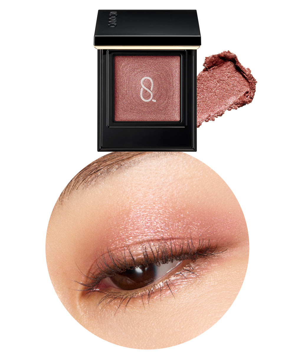 SUQQU Spring Collection 2026 Mono Look Eyes e Mellow Shine MS-04 single red pink shimmer eyeshadow palette open. Displayed next to texture swatch and close up of product applied to models eye.