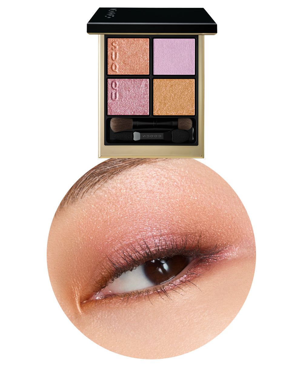 SUQQU Spring Collection 2026 Signature Color Eyes 151 makeup eyeshadow quad palette open. Displayed next to close up of product applied to models eye.