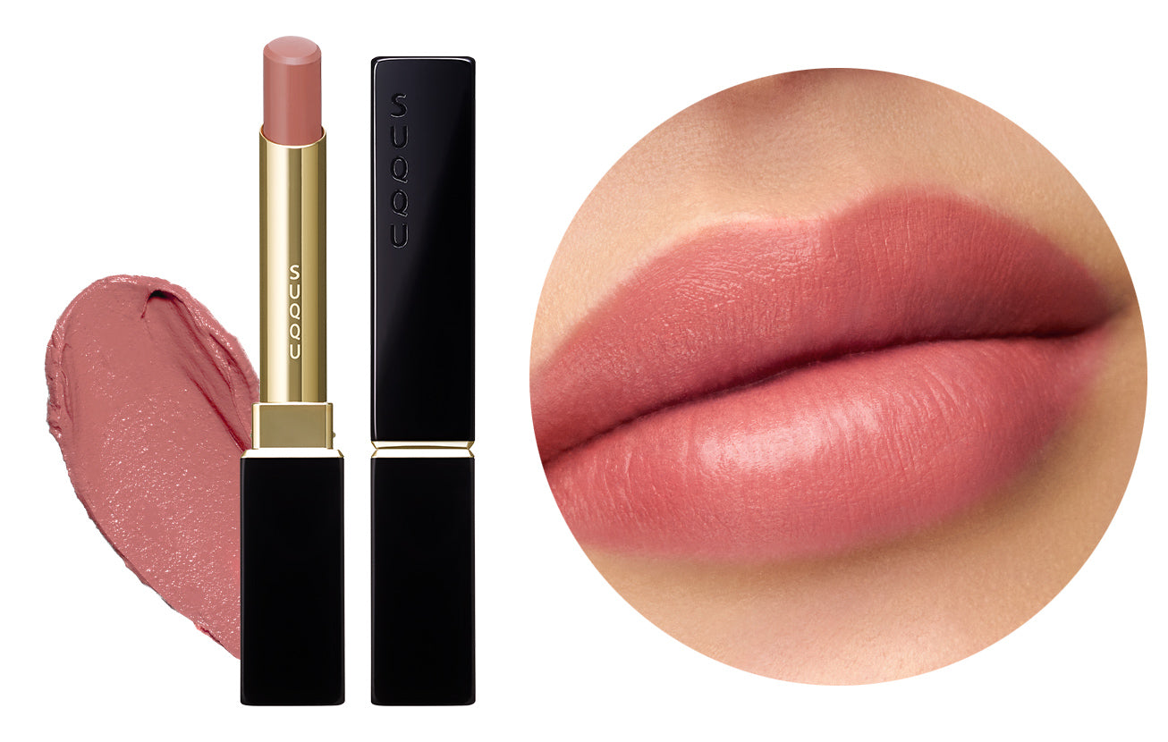 SUQQU Spring Collection 2026 Velvet Fit Lipstick 11 makeup soft glow red pink lipstick shown with lid on and lid off. Displayed next to texture swatch and close up of product applied to models lips.