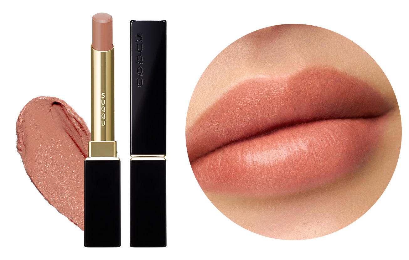 SUQQU Spring Collection 2026 Velvet Fit Lipstick 12 makeup orange pink soft glow lipstick shown with lid on and lid off. Displayed next to texture swatch and close up of product applied to models lips.