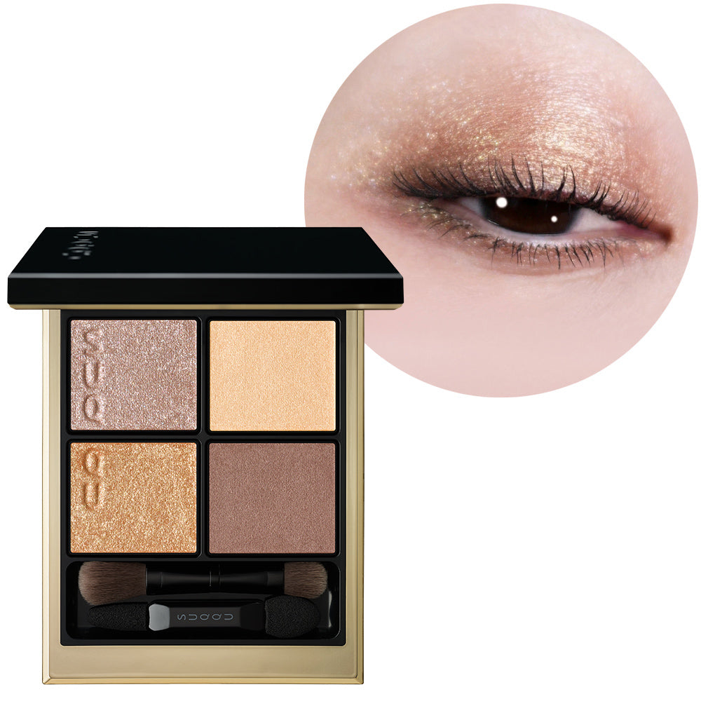 SUQQU 2026 Summer Collection Signature Color Eyes 154 beautiful shimmering golden and brown toned eyeshadow quad with model wear eye close up.