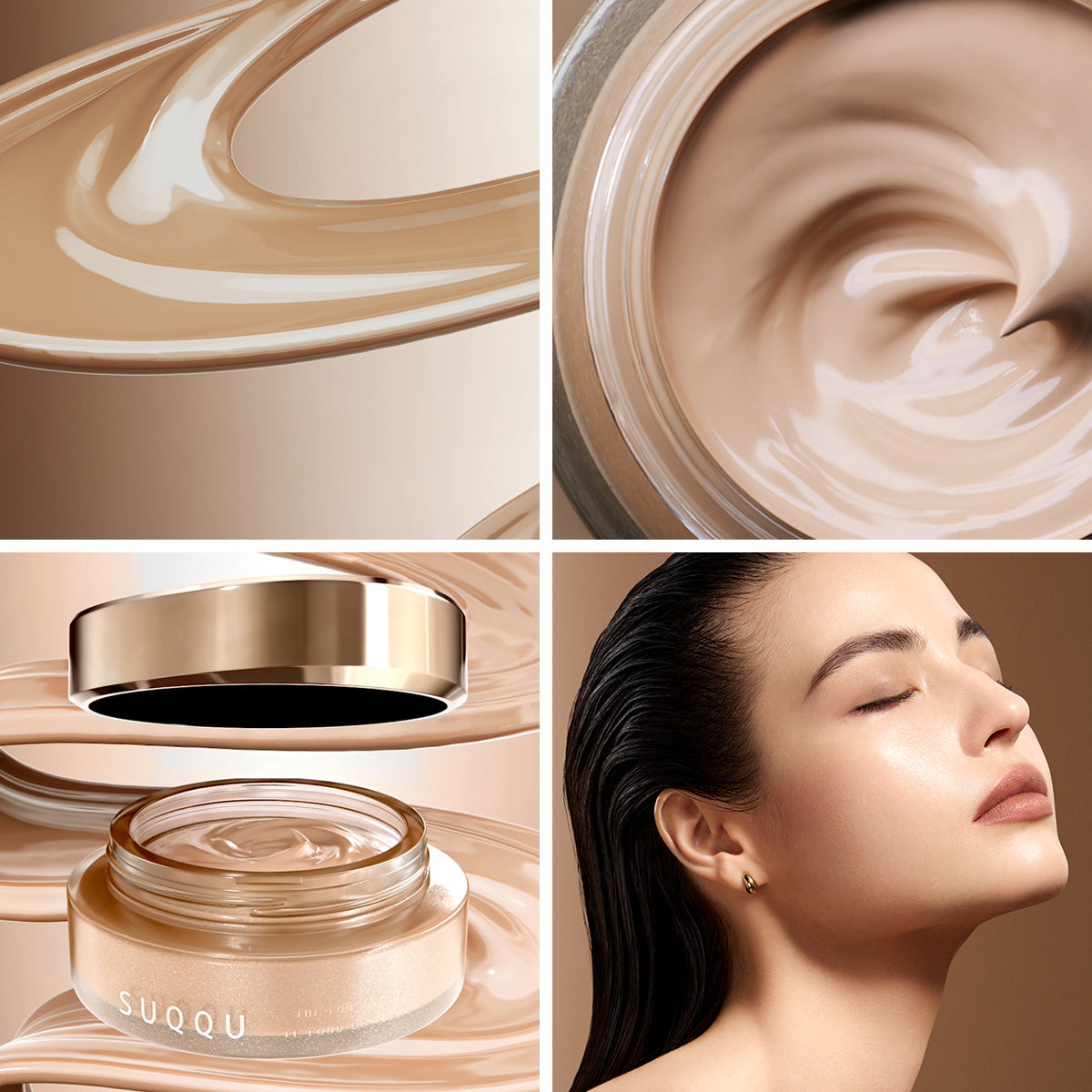 Four-panel beauty collage showing SUQQU 'The Foundation e' cream cosmetic product: a close-up of the beige cream texture, an open jar with swirled cream inside, the metallic lid floating above, and a woman with closed eyes and flawless skin wearing the foundation.