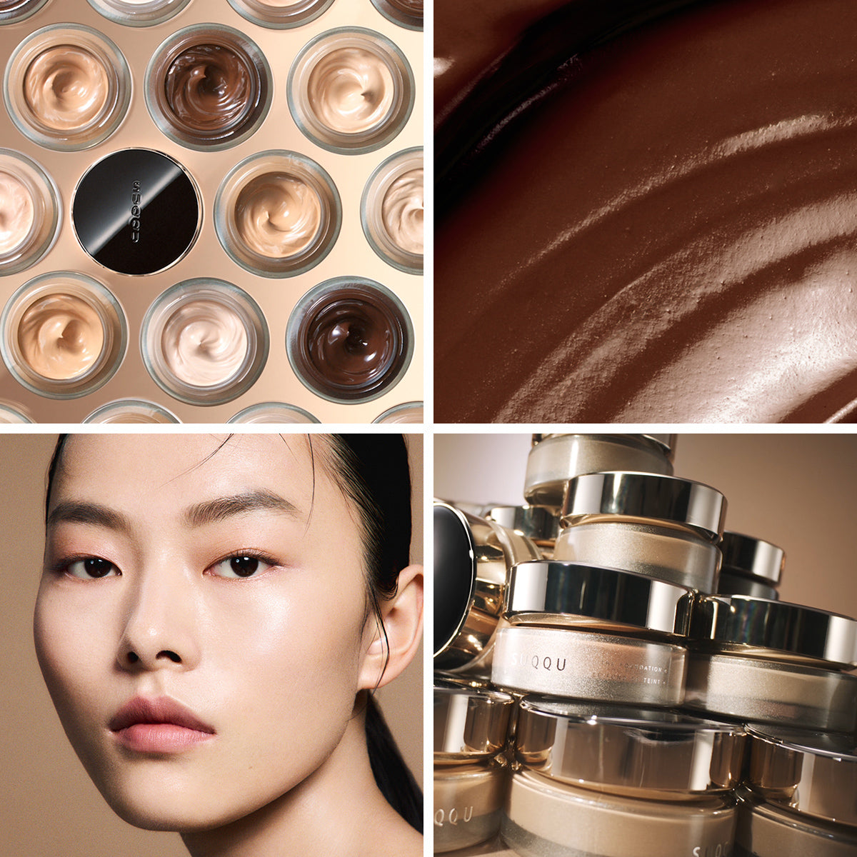 Four-panel beauty collage showing SUQQU 'The Foundation e' cream cosmetic product: a close-up of the brown cream texture, multiple open jars with swirled cream inside, a group of foundation pots stacked, and a woman with glowing smooth and flawless skin wearing the foundation.