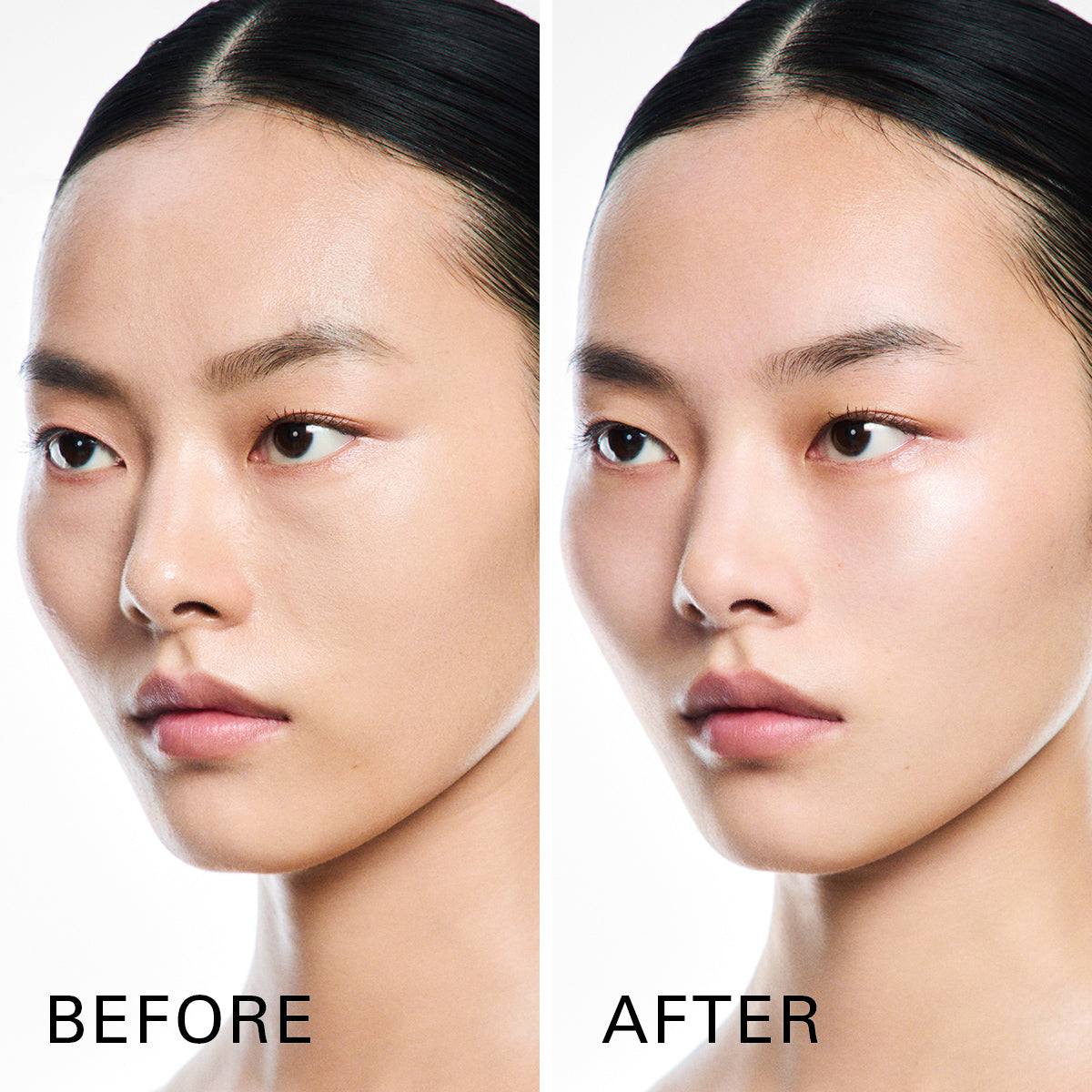 Before and after close-up facial comparison of a model's face with SUQQU 'The Foundation e', shown with the words before and after. After shows the high clarity smooth glow with blurred pores for a flawless frosted glass finish.