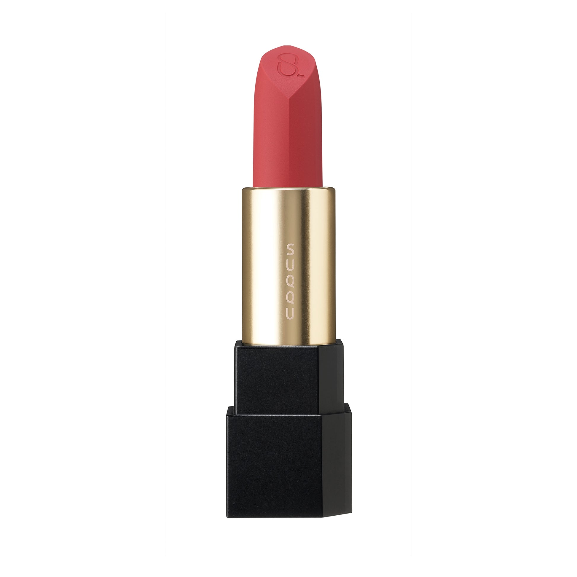 SUQQU Sheer Matte Lipstick 09 bright red pink semi-matte finish Japanese colour make up product without cap on plain background.