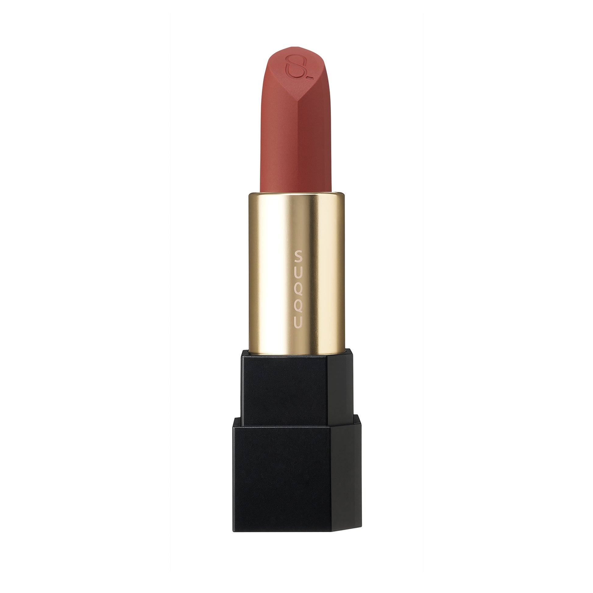 SUQQU Sheer Matte Lipstick 10 classic red semi-matte finish Japanese colour make up product without cap on plain background.
