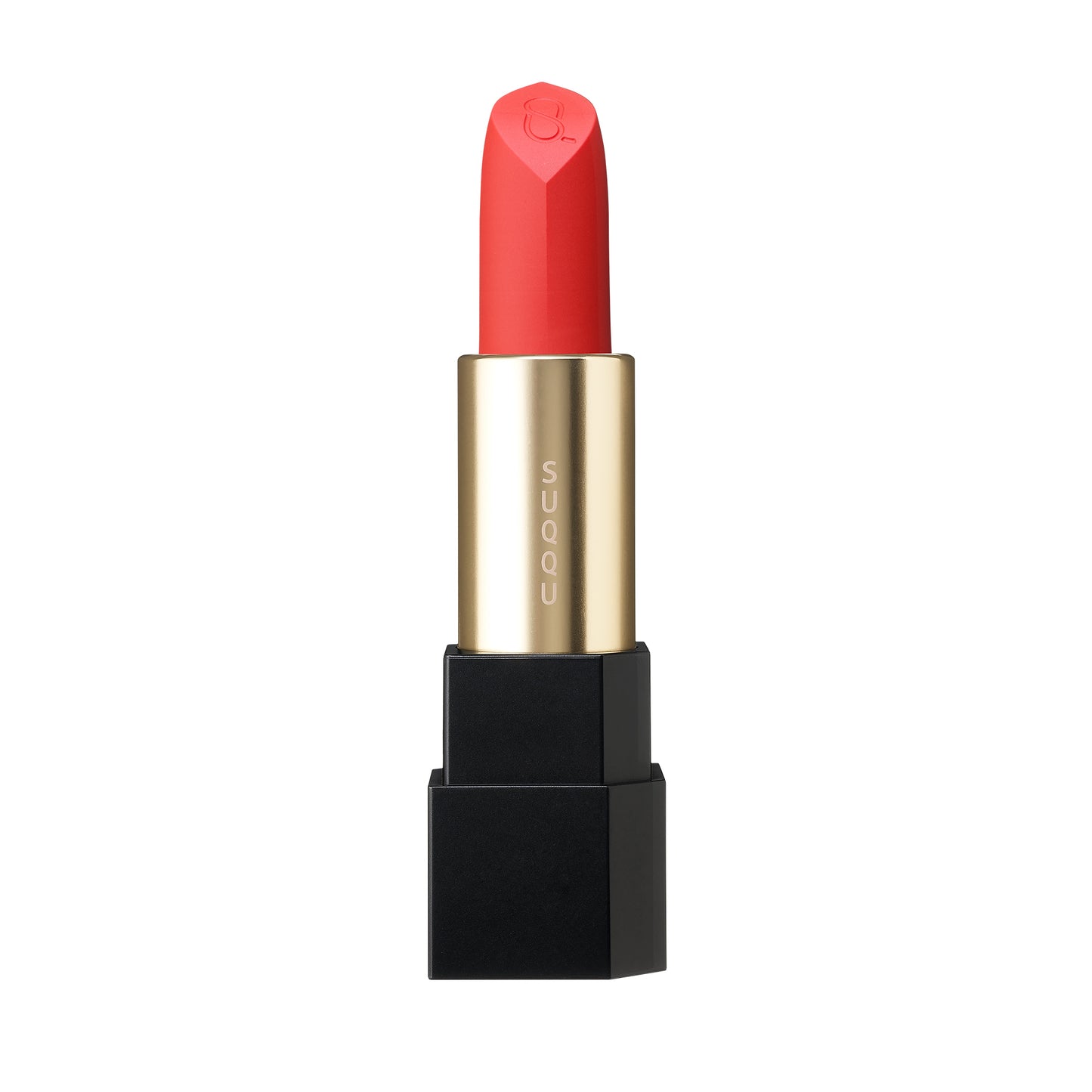 SUQQU Sheer Matte Lipstick 105 bright red semi-matte finish Japanese quality colour make up product without cap on plain background.