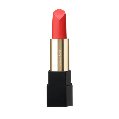 SUQQU Sheer Matte Lipstick 105 bright red semi-matte finish Japanese quality colour make up product without cap on plain background.