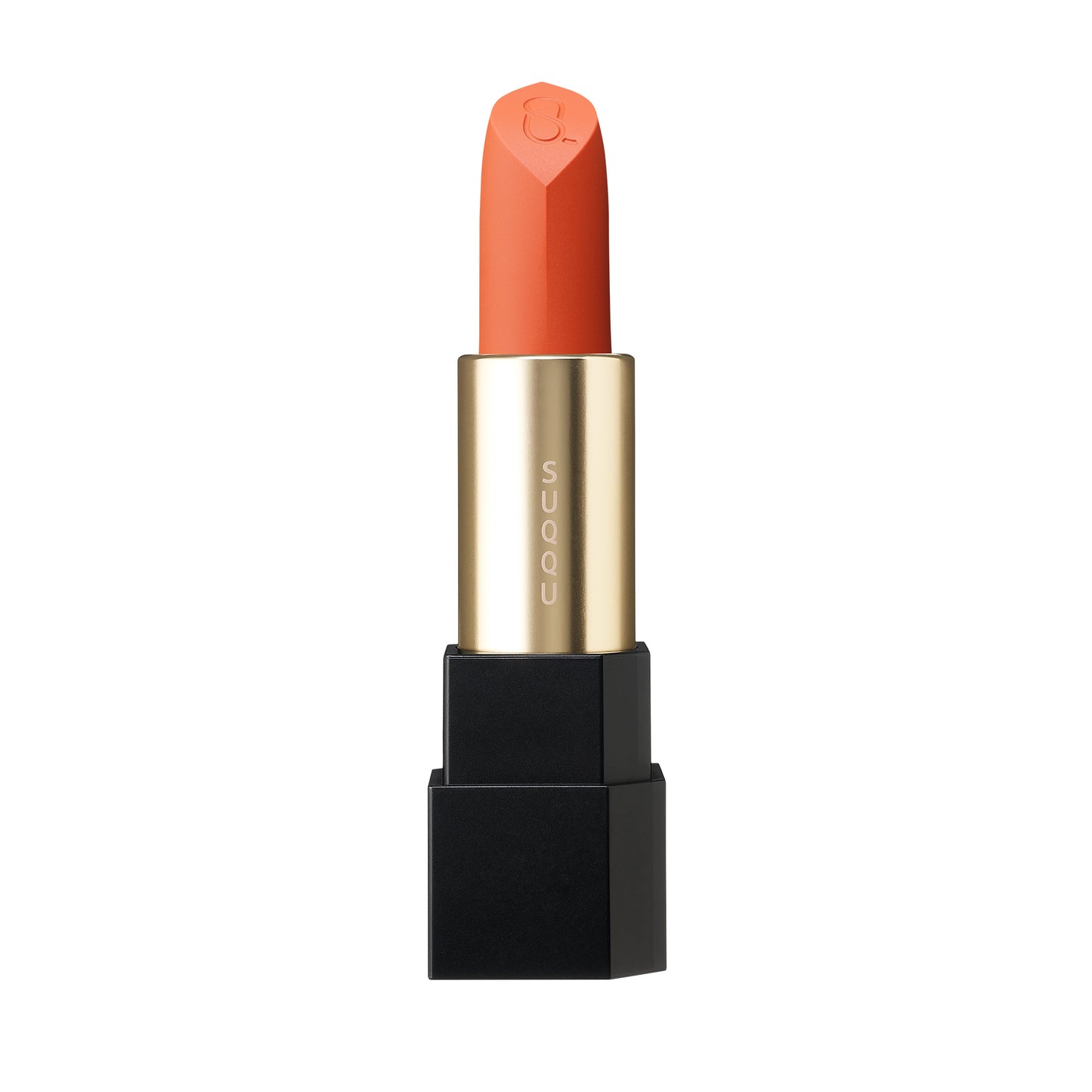 SUQQU Sheer Matte Lipstick 108 bright reddish orange semi-matte finish Japanese quality colour make up product without cap on plain background.