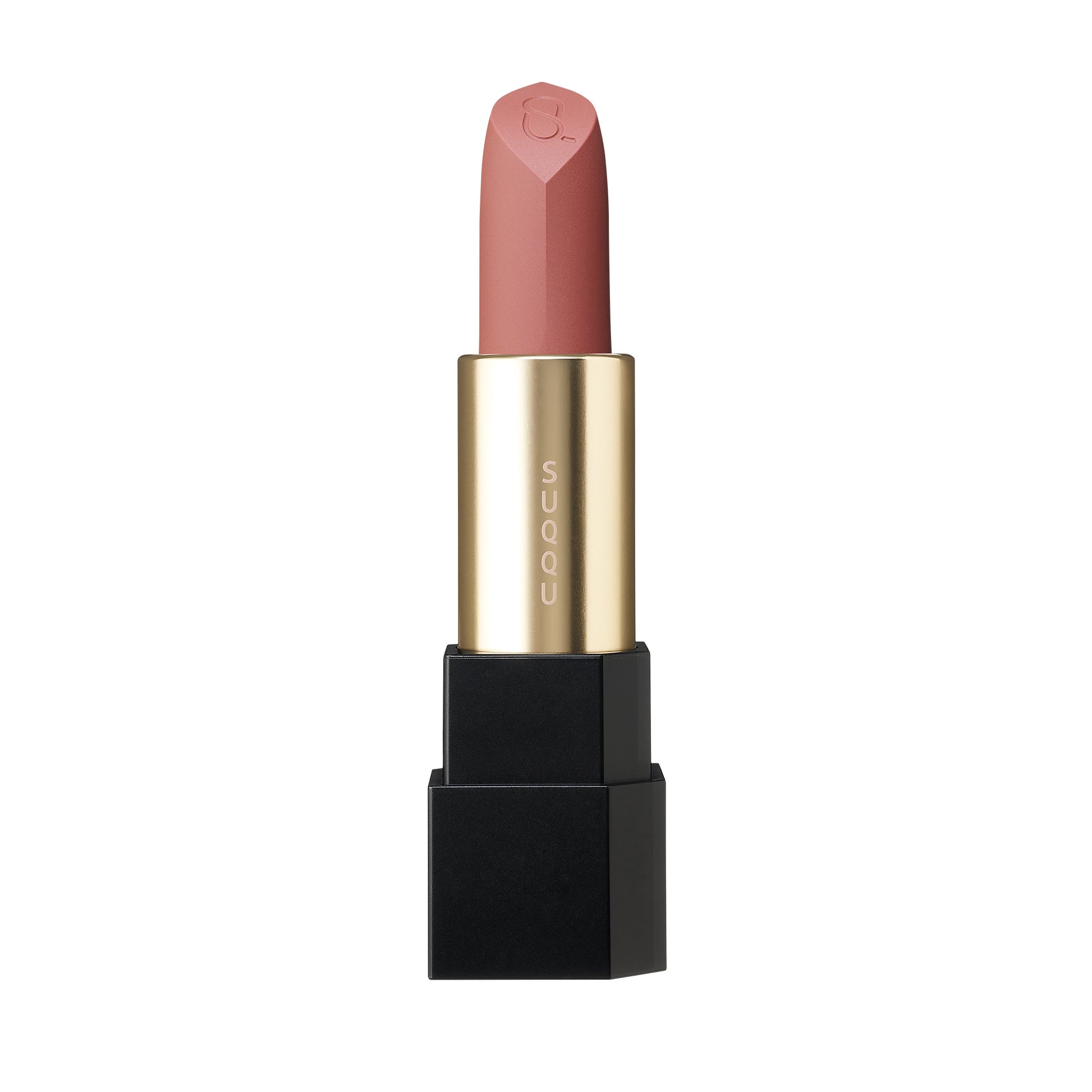 SUQQU Sheer Matte Lipstick 11 smoky pink coral semi-matte finish Japanese colour make up product without cap on plain background.