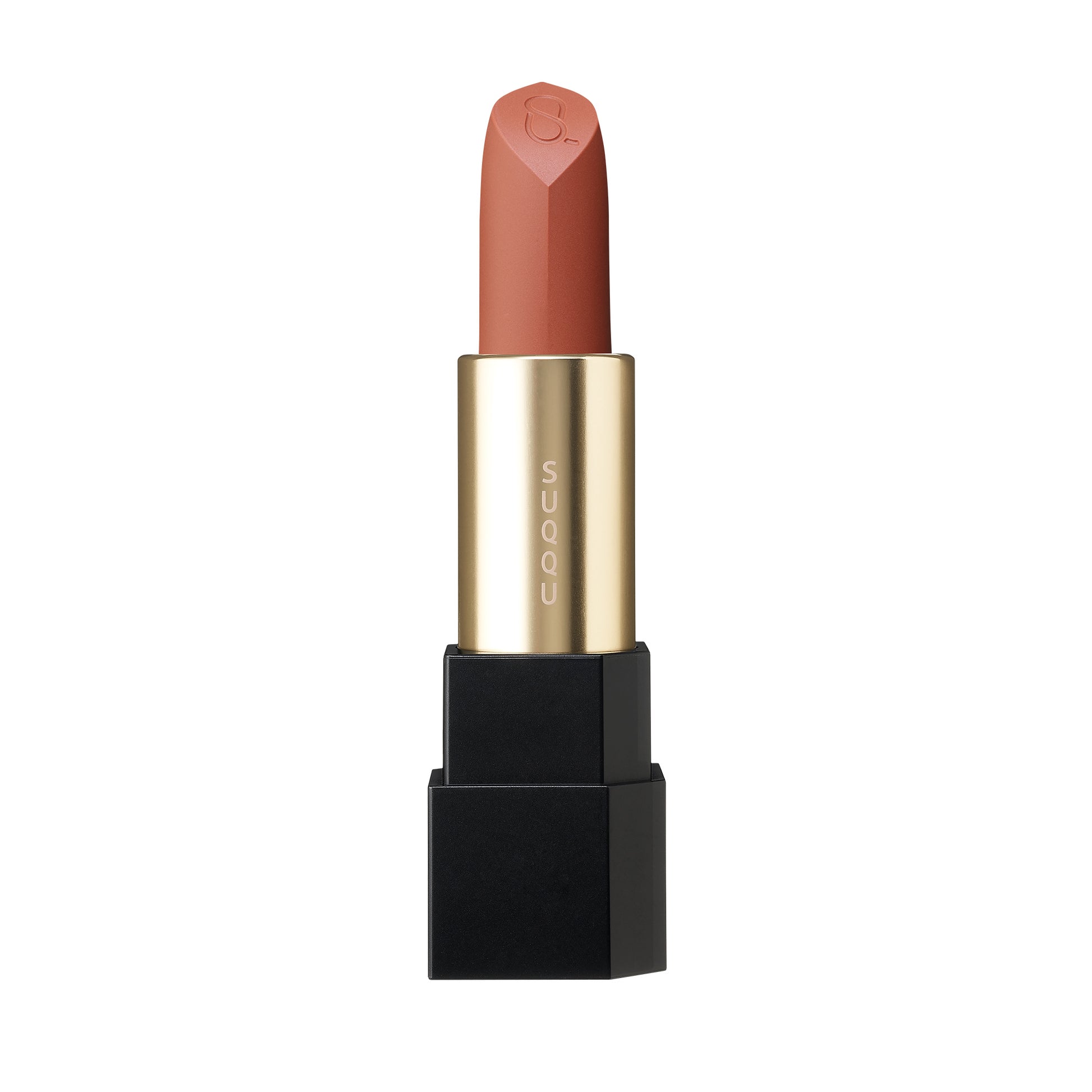 SUQQU Sheer Matte Lipstick 12 red orange semi-matte finish Japanese colour make up product without cap on plain background.