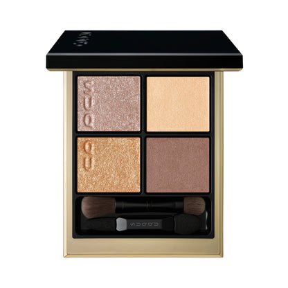 SUQQU Signature Color Eyes 154 quad eyeshadow palette open in beautiful sunlight gold and red brown. Discover the best eyeshadows from Japan with luxury skincare ingredients and finest shimmers.