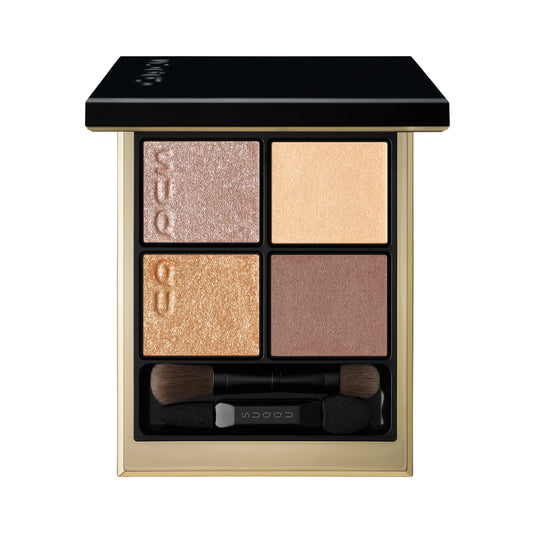 SUQQU Signature Color Eyes 154 quad eyeshadow palette open in beautiful sunlight gold and red brown. Discover the best eyeshadows from Japan with luxury skincare ingredients and finest shimmers.