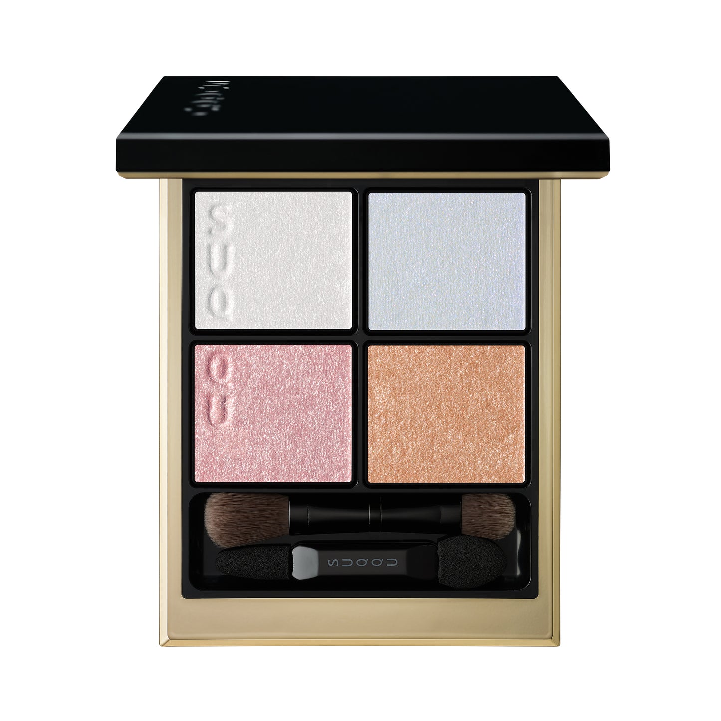 SUQQU Signature Color Eyes 156 beautiful quad eyeshadow palette with luxury skincare ingredients open in creamy pearl soft pink, blue and gold shades. With the finest shimmer pearl white highlighter.