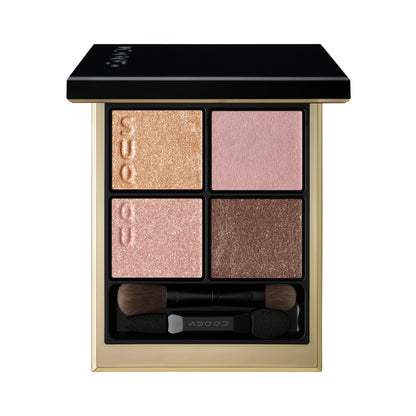 SUQQU Signature Color Eyes 157 luxury Japanese cosmetic quad eyeshadow compact on white background. Coral pink and pale beige pink with gold and brown. Fine textured pearl shimmers and creamy skincare ingredients.