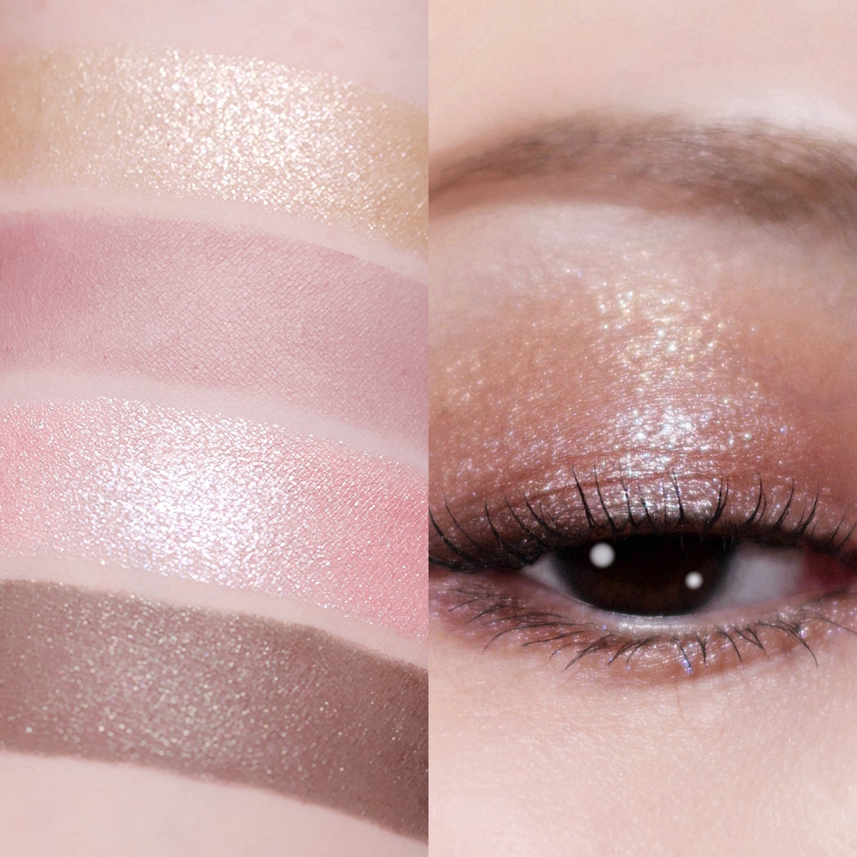 Four eyeshadow swatches shown on the left, with a close-up of an eye wearing the shades on the right. The shades include a shimmery champagne gold, a soft pink, a shimmery light pink, and a shimmery taupe-brown. Showcasing SUQQU Signature Color Eyes 157.