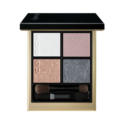 SUQQU Signature Color Eyes 158 luxury Japanese cosmetic quad eyeshadow compact on white background. Dusty pink and pale beige pink with light blue and dusty navy blue. Fine textured pearl glitter and creamy skincare ingredients.