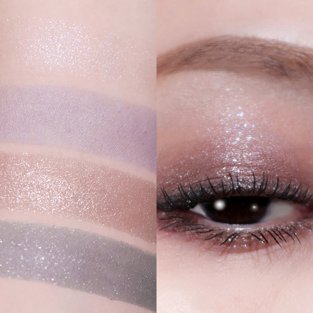 Four shimmer eyeshadow swatches in a vertical row on skin, shown beside a close-up of an eye wearing the sparkly shades. The shades range from pale lavender and champagne pink to warm bronze and cool gray. Showcasing SUQQU Signature Color Eyes 158.