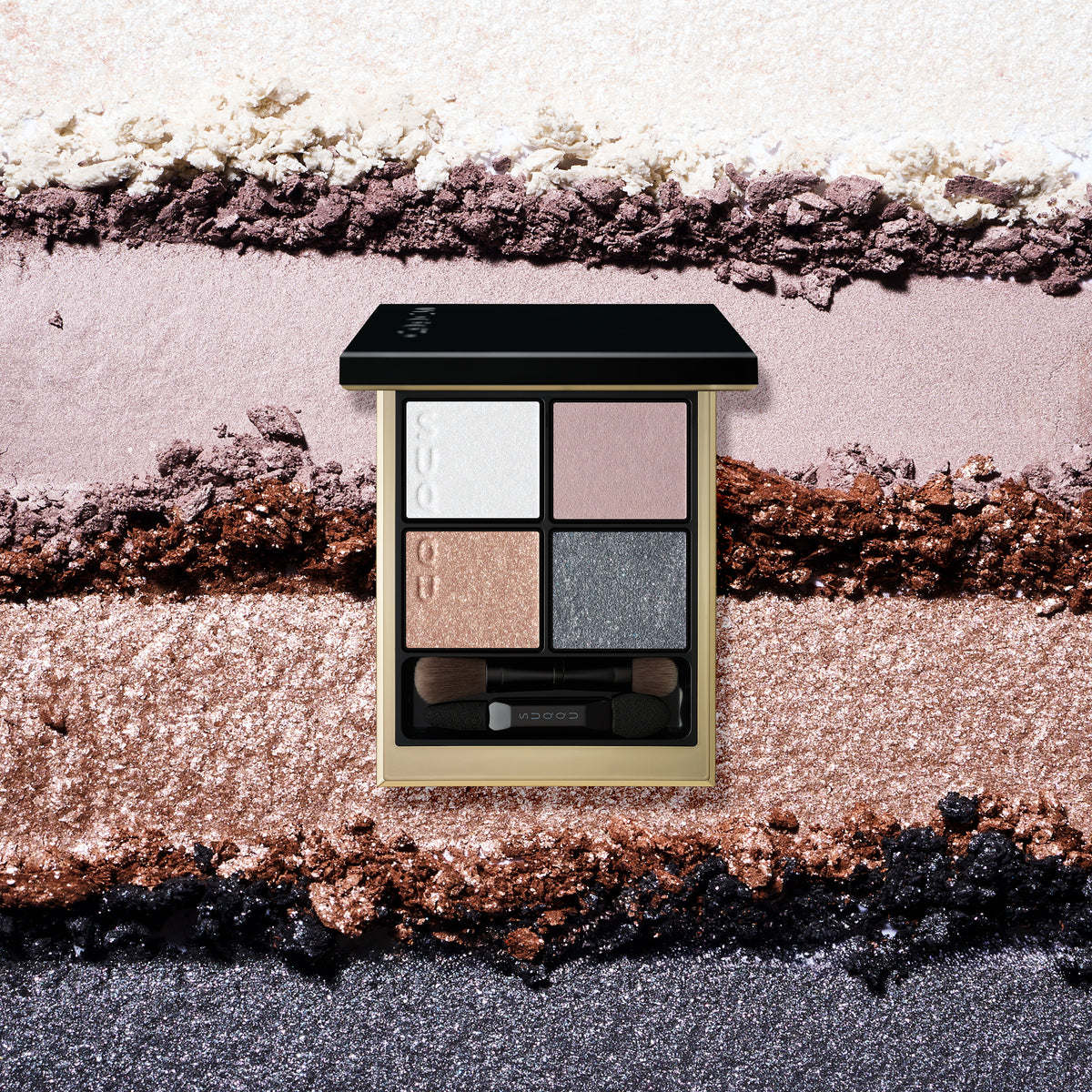 SUQQU Signature Color Eyes 158 luxury Japanese cosmetic quad eyeshadow compact on colourful textured background. Dusty pink and pale beige pink with light blue and dusty navy blue. Fine textured pearl glitter and creamy skincare ingredients.