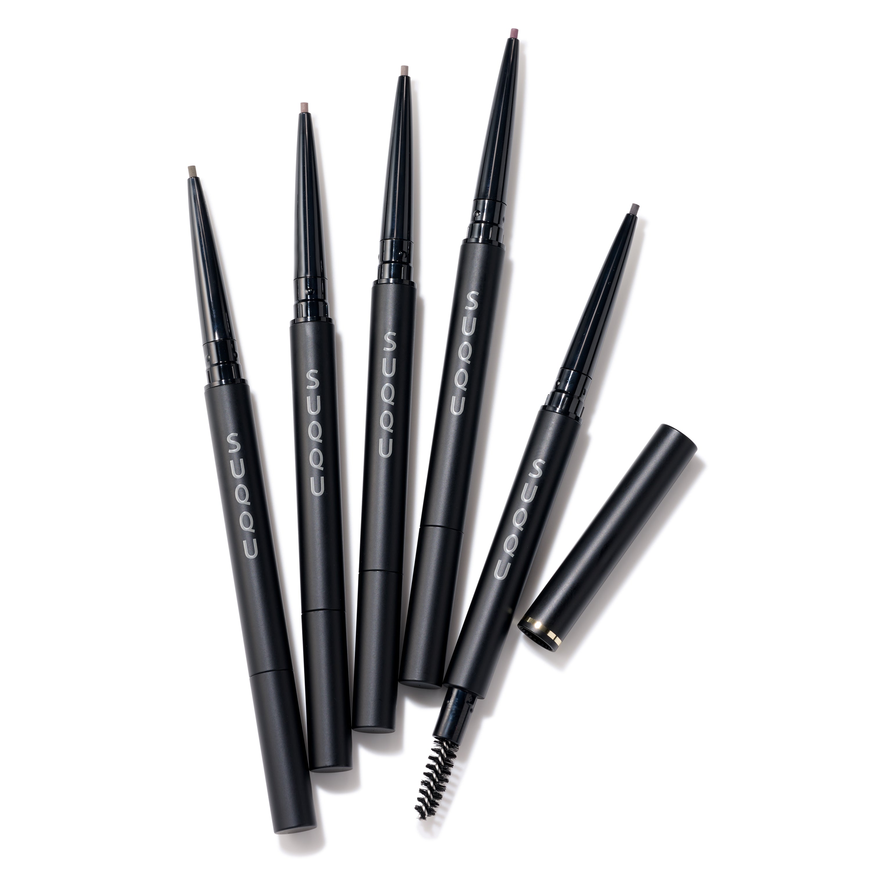 Various shades of SUQQU Smooth Eyebrow Pencil Holder  open with cap