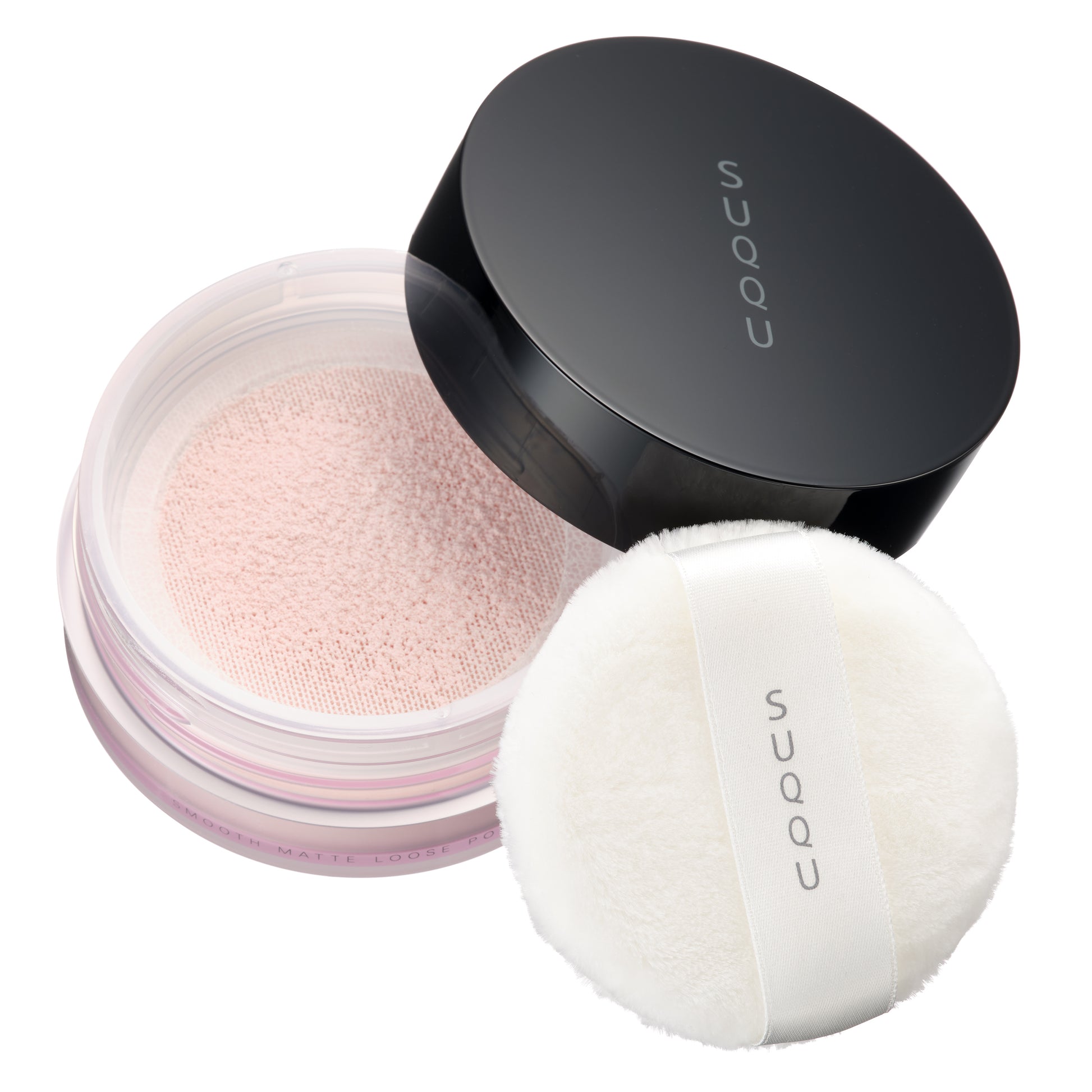SUQQU Smooth Matte Loose Powder pot lid open with puff on plain background