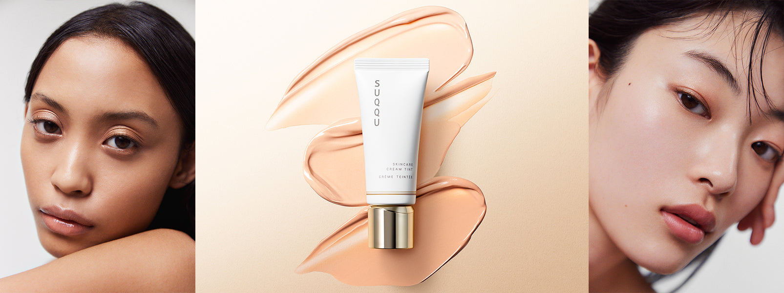 SUQQU Skincare Cream Tint foundation tube with colour texture swatches and two model portraits.