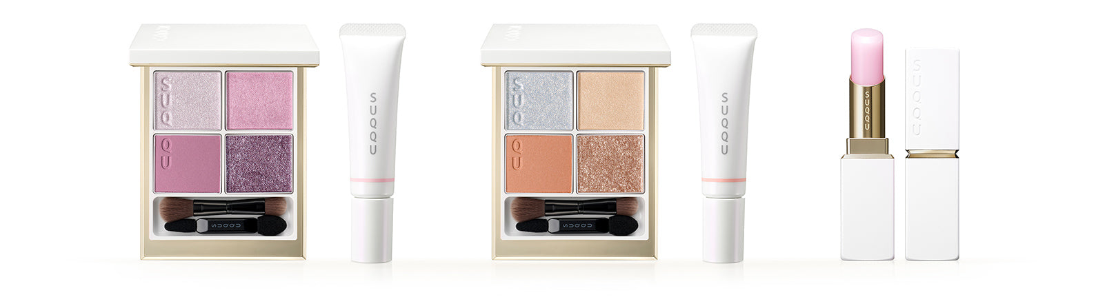 SUQQU 2025 Holiday Collection makeup kits showing two eyeshadow palettes, two liquid blush tubes and pink lipstick.