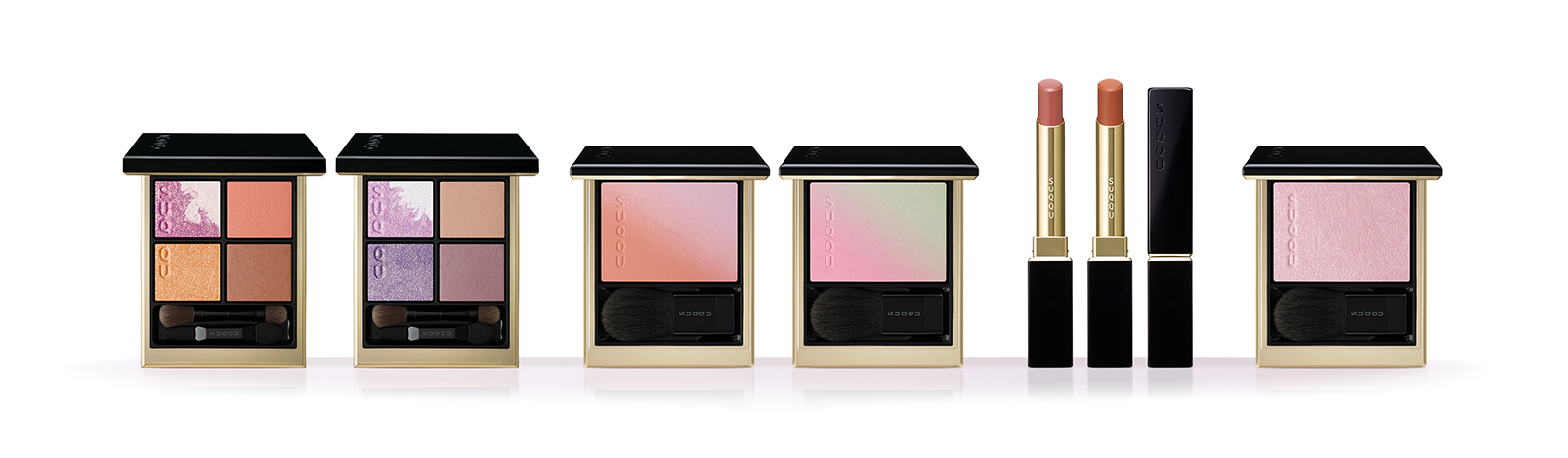 Multiple colourful SUQQU 2025 Pre-Summer Collection cosmetic products lined up