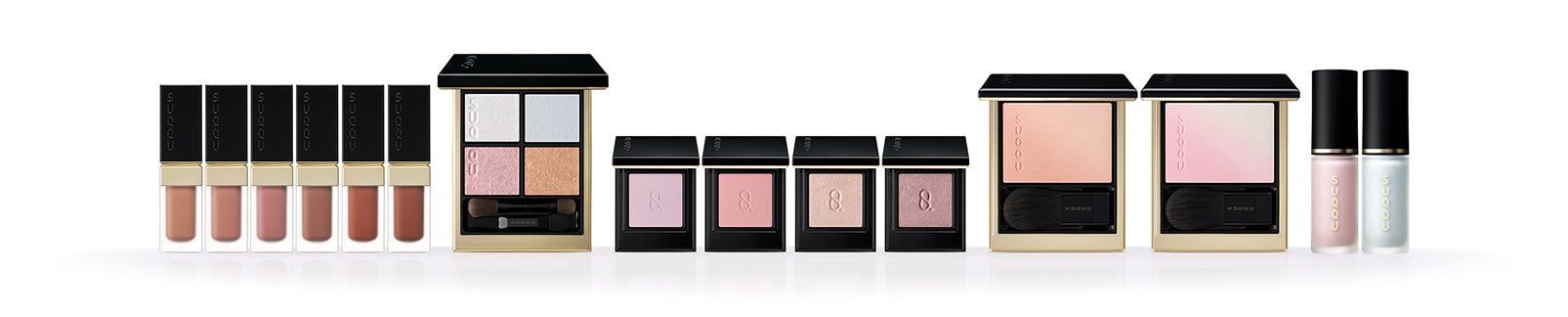 SUQQU Autumn Colour Collection 2026. 'Raden' themed multiple pearl toned blue/pink colour makeup up products open on table. 6 Luxury liquid lipsticks, 5 eyeshadows and 4 cheek blushers.