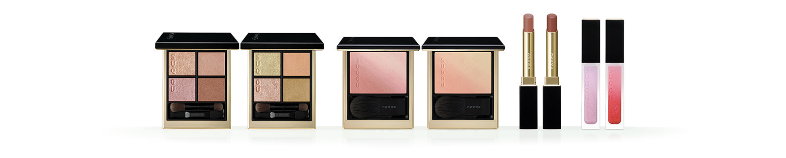 SUQQU 2026 Pre-Summer Collection eight colourful makeup products lined up in a row.