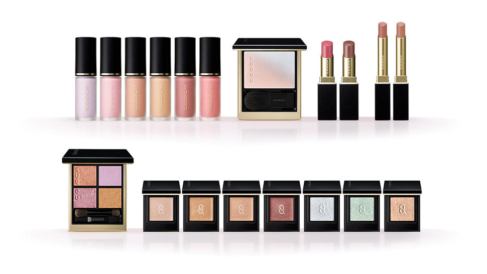 SUQQU Spring Collection 2026 lined up group of two rows of colourful makeup products on a table.