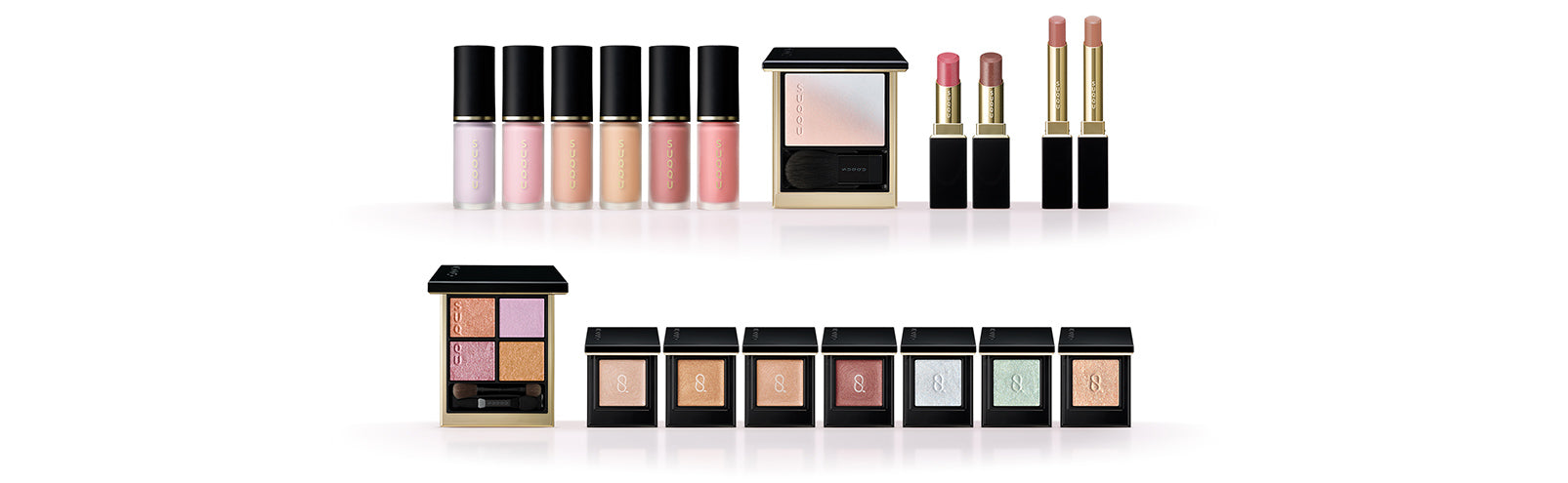 SUQQU Spring Collection 2026 lined up group of two rows of colourful makeup products on a table.