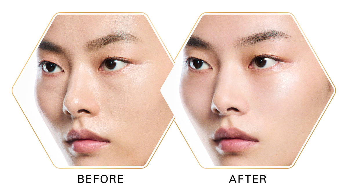 Before and after close-up facial comparison of a model's face with SUQQU 'The Foundation e', shown inside two hexagonal frames on a black background with the words BEFORE and AFTER at the top. After shows the high clarity smooth glow with blurred pores for a flawless frosted glass finish.