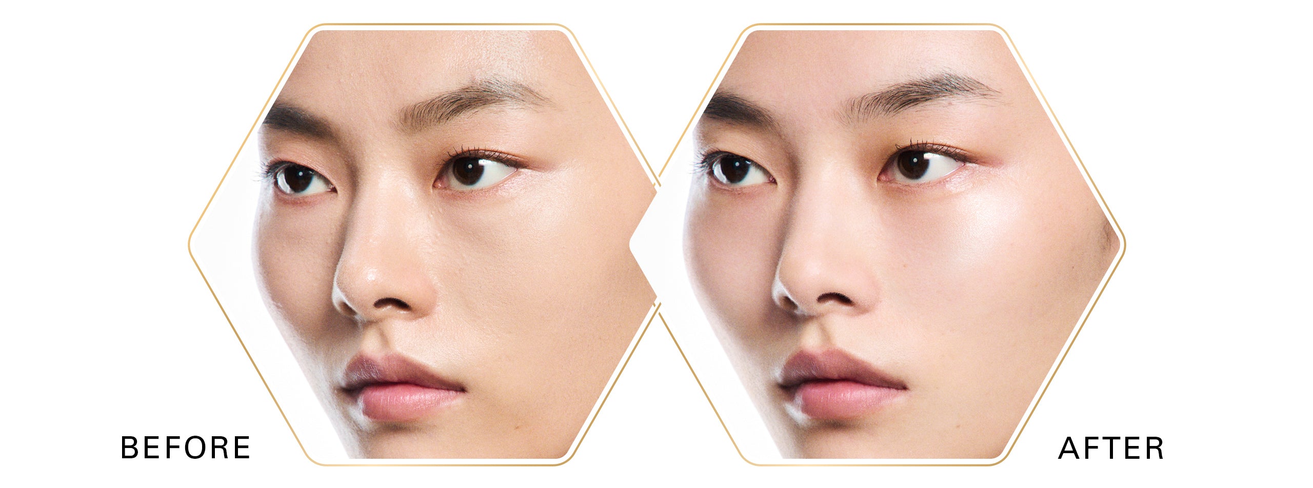 Before and after close-up facial comparison of a model's face with SUQQU 'The Foundation e', shown inside two hexagonal frames on a black background with the words BEFORE and AFTER at the top. After shows the high clarity smooth glow with blurred pores for a flawless frosted glass finish.