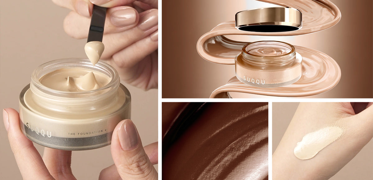 A collage showing SUQQU The Foundation e cream jar being held by hands, a close-up of the cream texture, the open jar with a metallic lid, and a swatch of the cream on skin against a warm beige background.