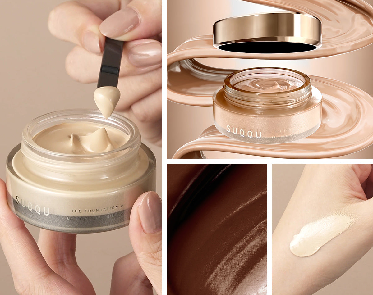 A collage showing SUQQU The Foundation e cream jar being held by hands, a close-up of the cream texture, the open jar with a metallic lid, and a swatch of the cream on skin against a warm beige background.