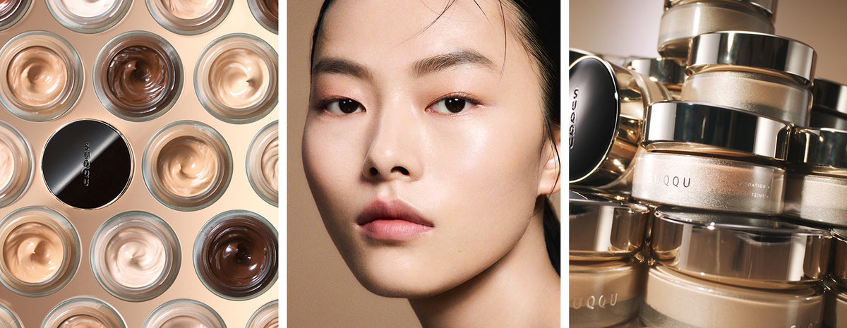 A three-panel collage showcasing SUQQU cosmetics: a close-up of various cream foundation pots, a portrait of a model with flawless skin, and a stack of SUQQU 'The Foundation e' jars.