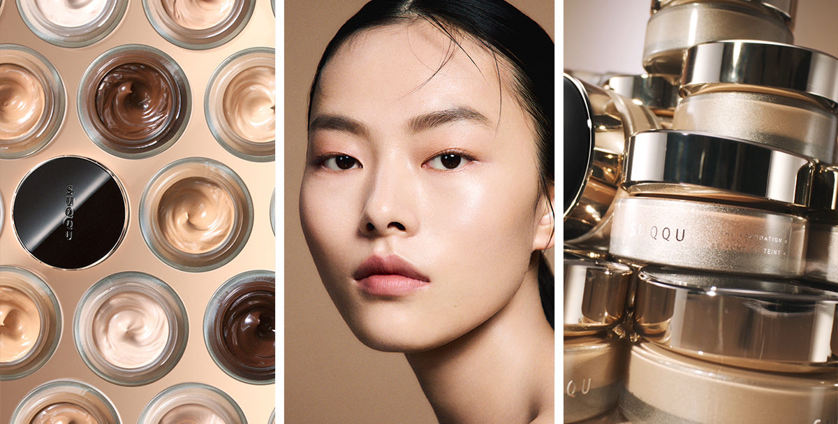 A three-panel collage showcasing SUQQU cosmetics: a close-up of various cream foundation pots, a portrait of a model with flawless skin, and a stack of SUQQU 'The Foundation e' jars.