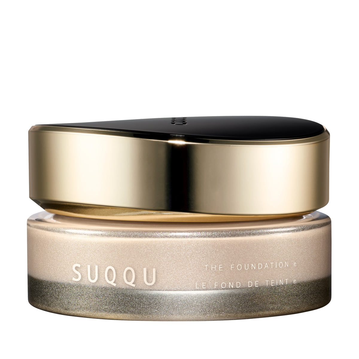 SUQQU The Foundation e 200 luxury cream base makeup jar on plain white background with gold and black lid and frosted glass base. Very pale light beige cream foundation shade.