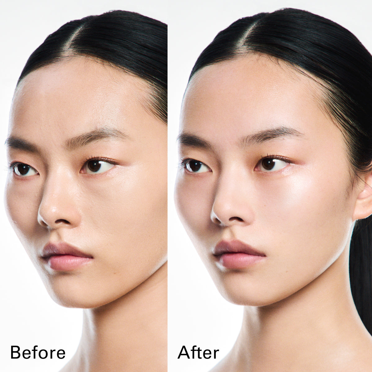 Side-by-side before and after beauty comparison of a woman's face, showing adn example of the smooth, high clarity glow and flawless results of SUQQU The Foundation e on a clean white background with the words 'Before' and 'After' at the bottom.