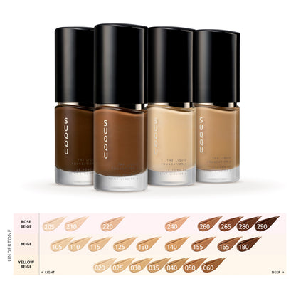 SUQQU The Liquid Foundation e colour swatch guide and four light to dark foundation products standing.